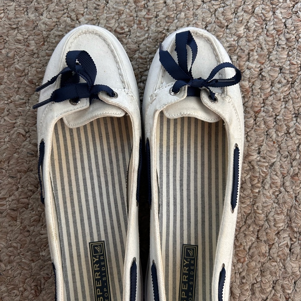 Sperry Cream Canvas Boat Shoes with Navy Ribbon